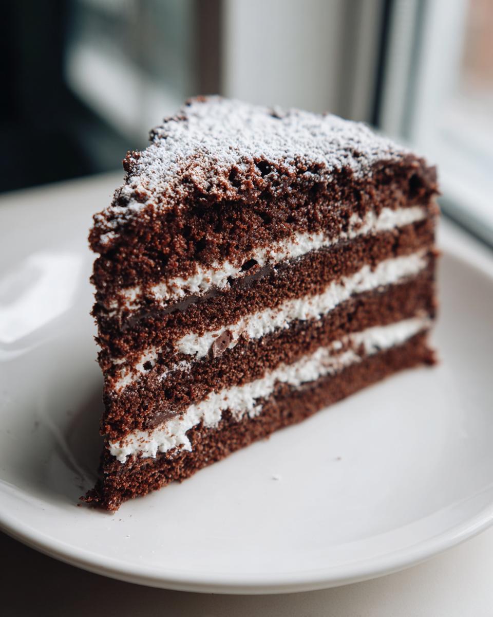 A close-up slice of multi-layered chocolate yule log cake with white cream filling, dusted with powdered sugar.