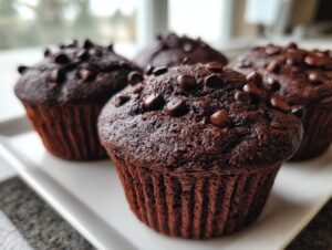 Close-up of four rich, dark chocolate zucchini muffins generously topped with chocolate chips on a white platter.