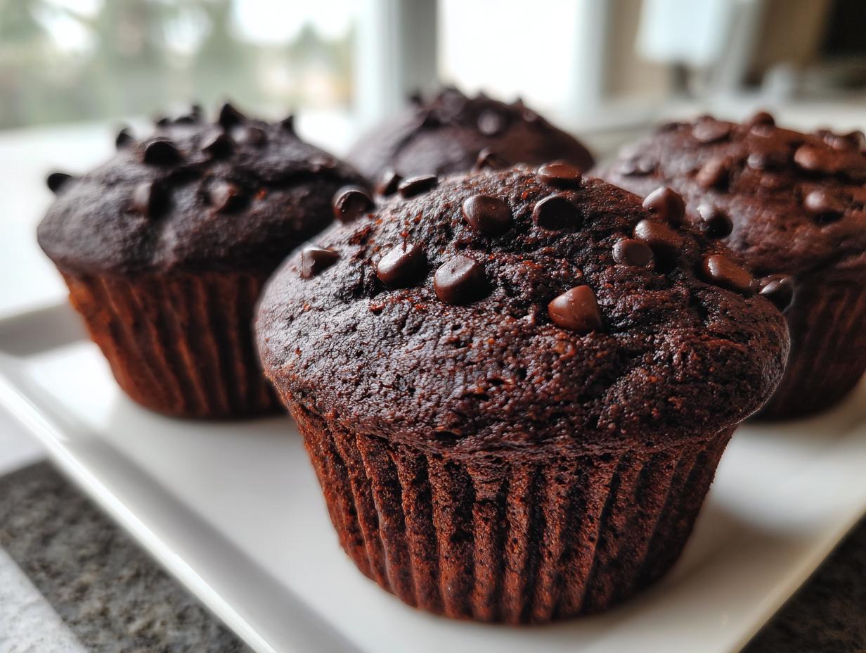 Close-up of four rich, dark chocolate zucchini muffins generously topped with chocolate chips on a white platter.