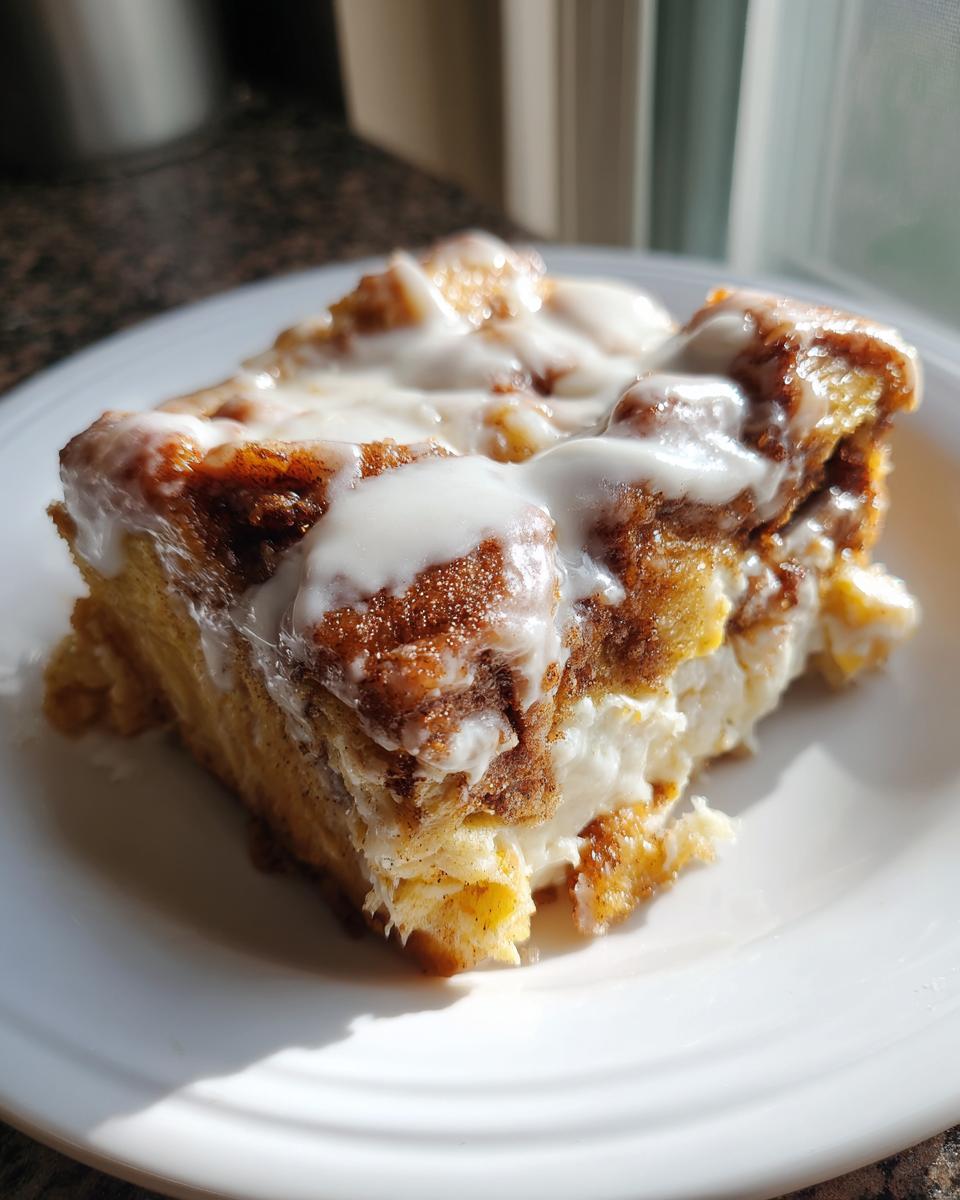 A close-up of a square serving of cinnamon roll french toast topped with thick white icing.