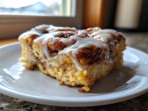 A close-up of a square serving of cinnamon roll french toast topped with white icing on a white plate.