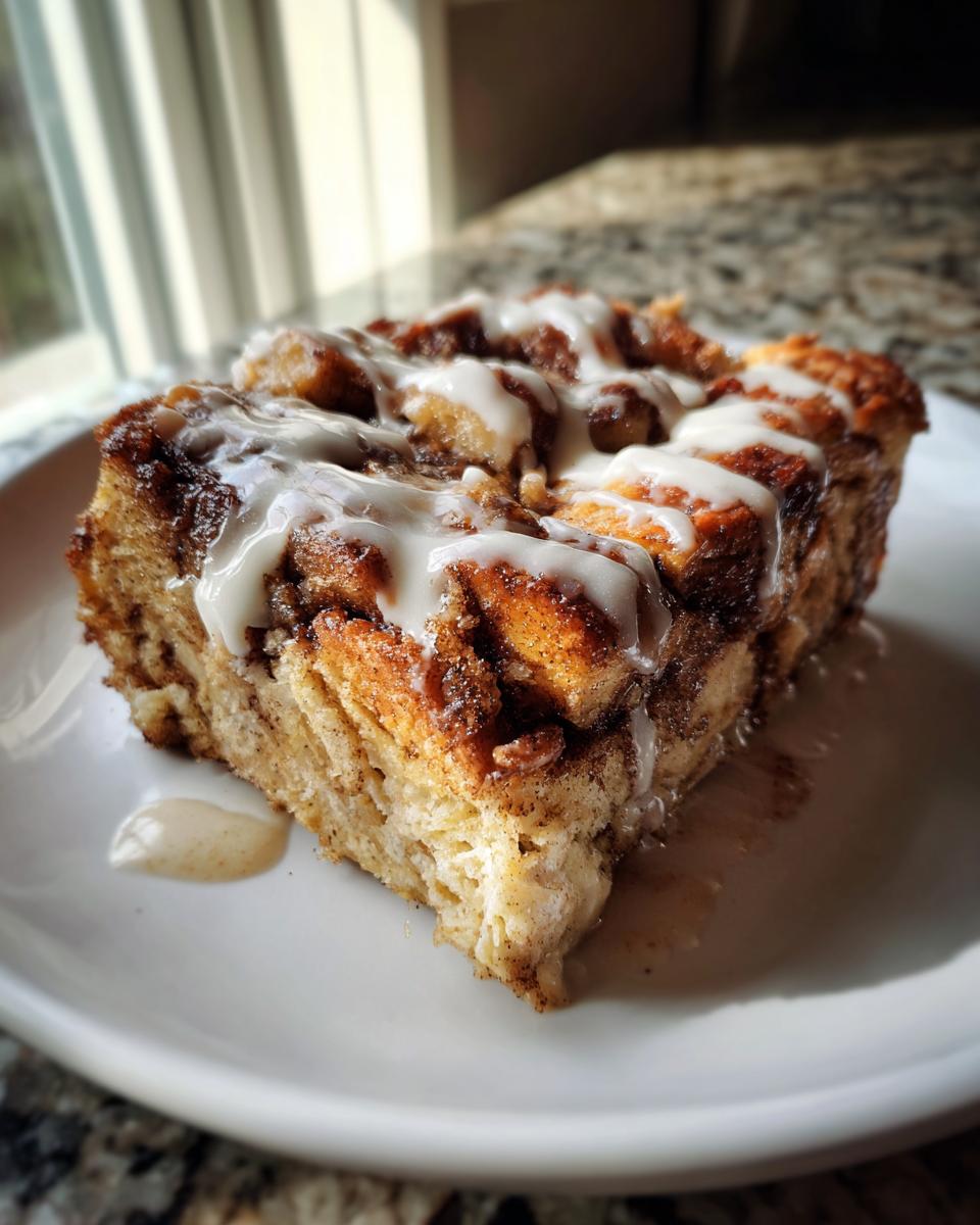 A close-up of a thick slice of cinnamon roll french toast covered in white icing.