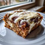 A close-up of a square slice of cinnamon roll french toast topped with thick white cream cheese icing.
