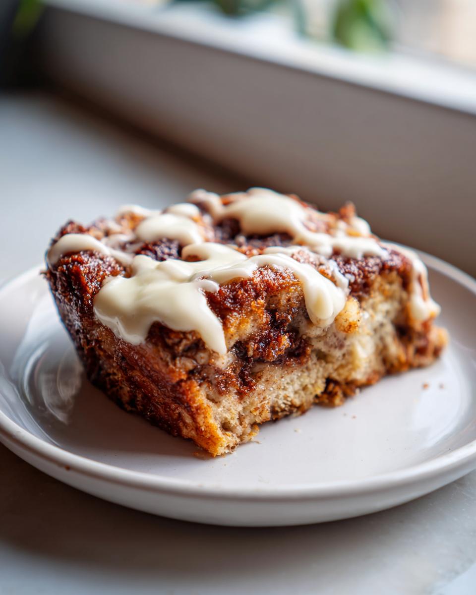 A close-up of a square serving of cinnamon roll french toast drizzled with white icing on a white plate.