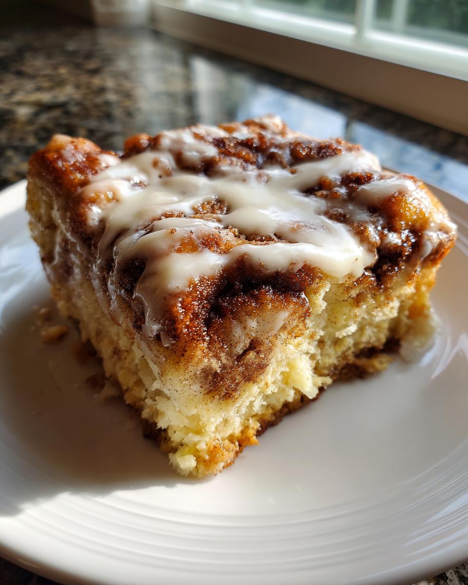 A close-up of a square slice of cinnamon roll french toast topped with sweet white icing.