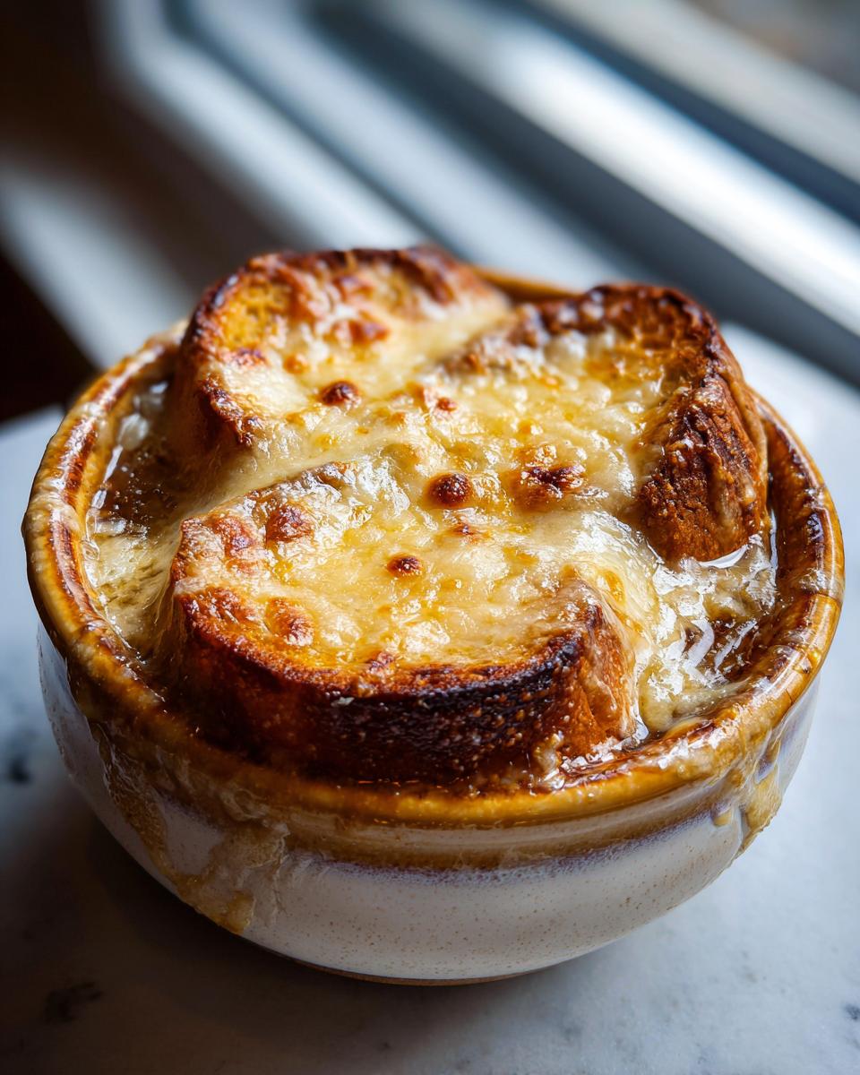 Close-up of a piping hot bowl of french onion soup recipe topped with melted, browned Gruyère cheese over toasted bread.