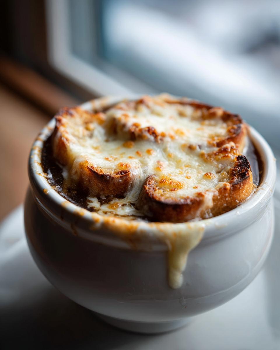 Close-up of a piping hot bowl of french onion soup recipe, topped with toasted bread and bubbling Gruyère cheese.