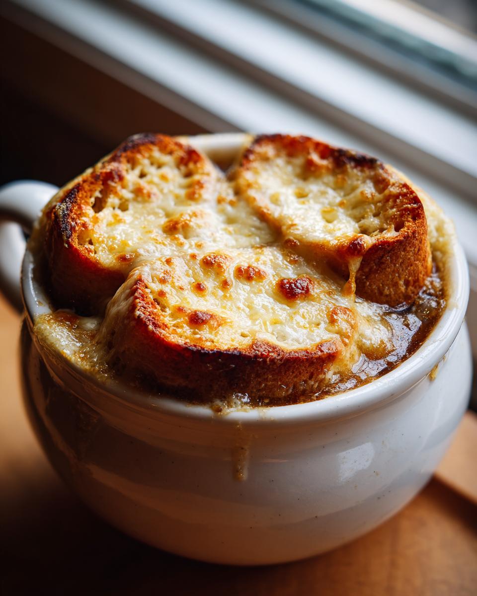 Close-up of a bowl of rich french onion soup recipe topped with melted, browned cheese over toasted bread.