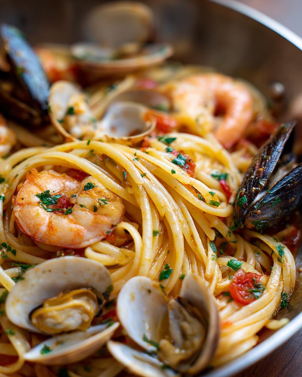 Close-up view of steaming seafood pasta featuring linguine, shrimp, clams, and mussels tossed in a light tomato sauce.