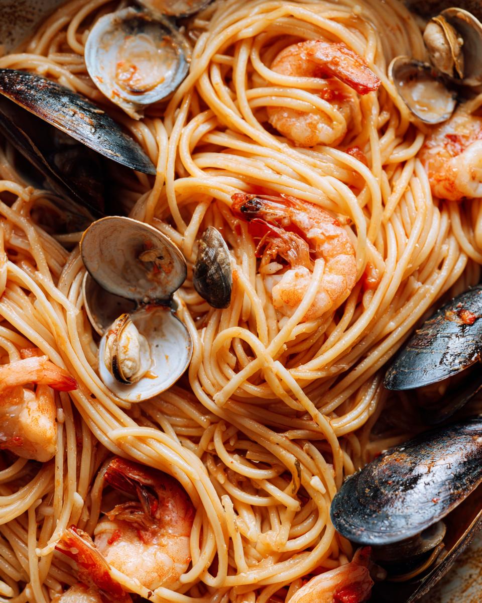 A close-up, overhead view of rich seafood pasta featuring spaghetti tossed in sauce with pink shrimp, mussels, and open clams.