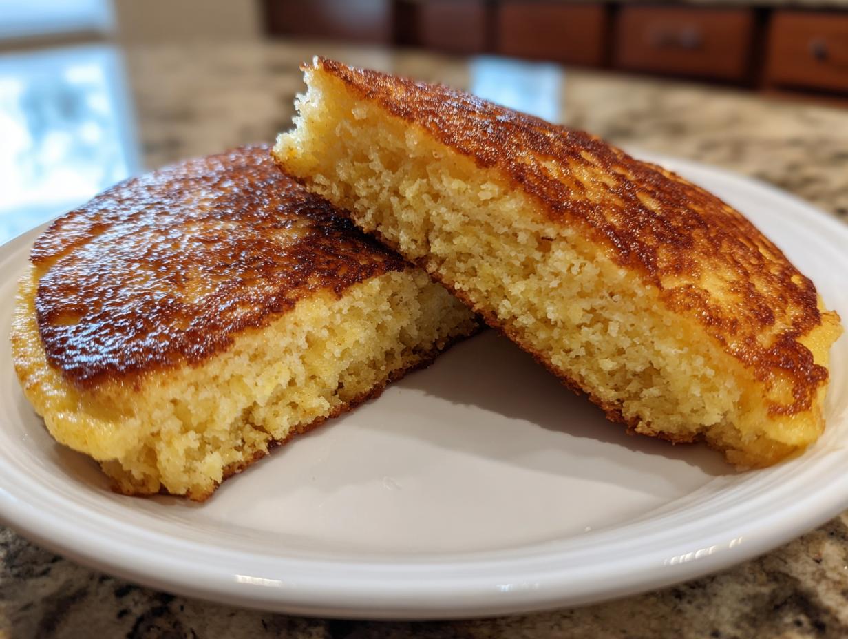 Close-up of two halves of thick coconut flour pancakes showing the fluffy interior texture.