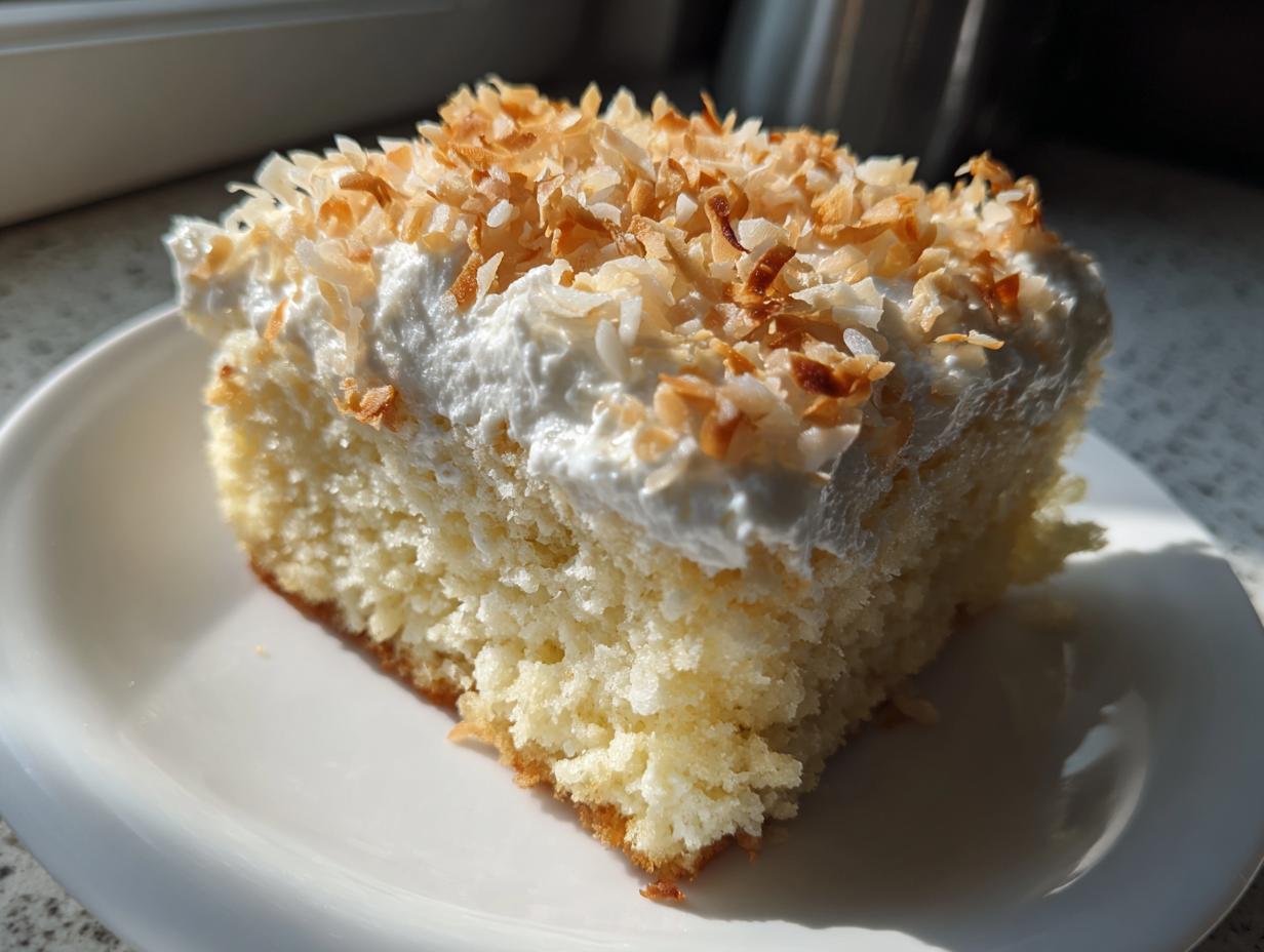A moist slice of coconut poke cake topped with whipped cream and toasted coconut flakes.