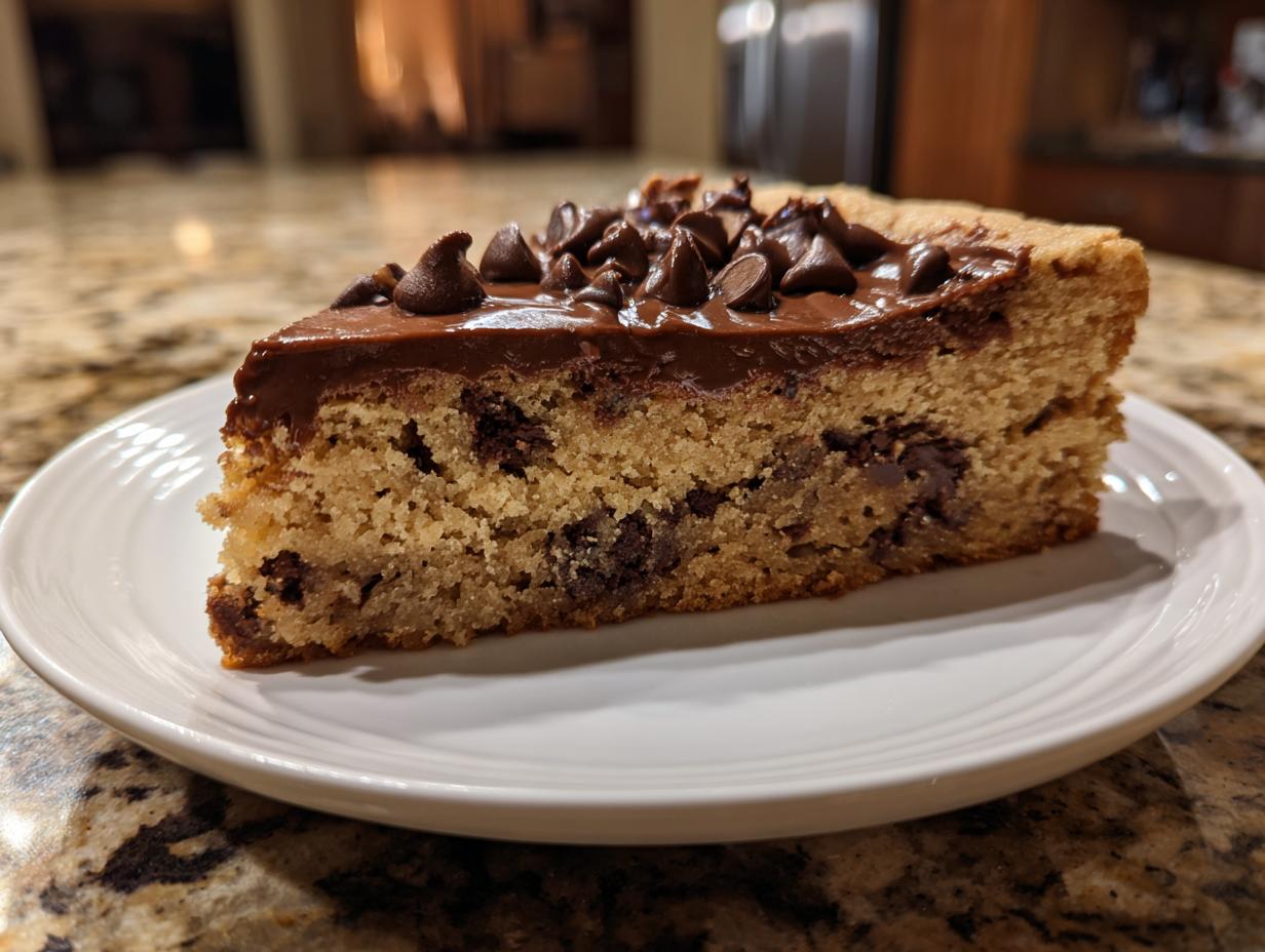 A thick slice of chocolate chip cookie cake recipe topped with chocolate frosting and chips.