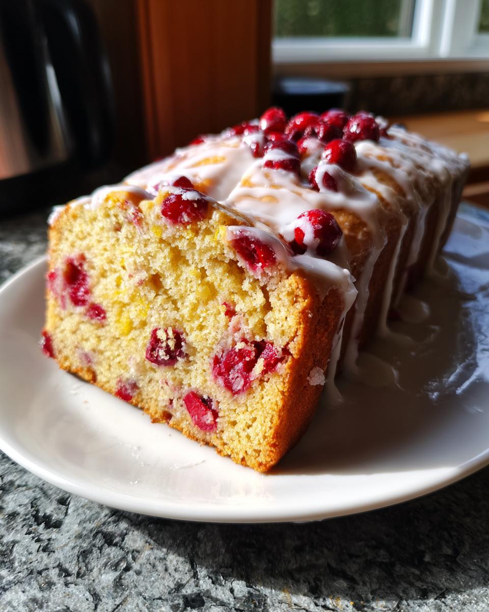 A slice of moist cranberry orange bread topped with white glaze and whole cranberries, sitting on a white plate.