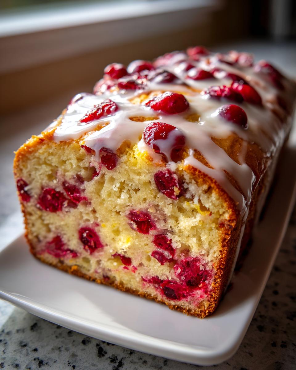 A close-up shot of a freshly baked cranberry orange bread loaf drizzled with white glaze and topped with cranberries.