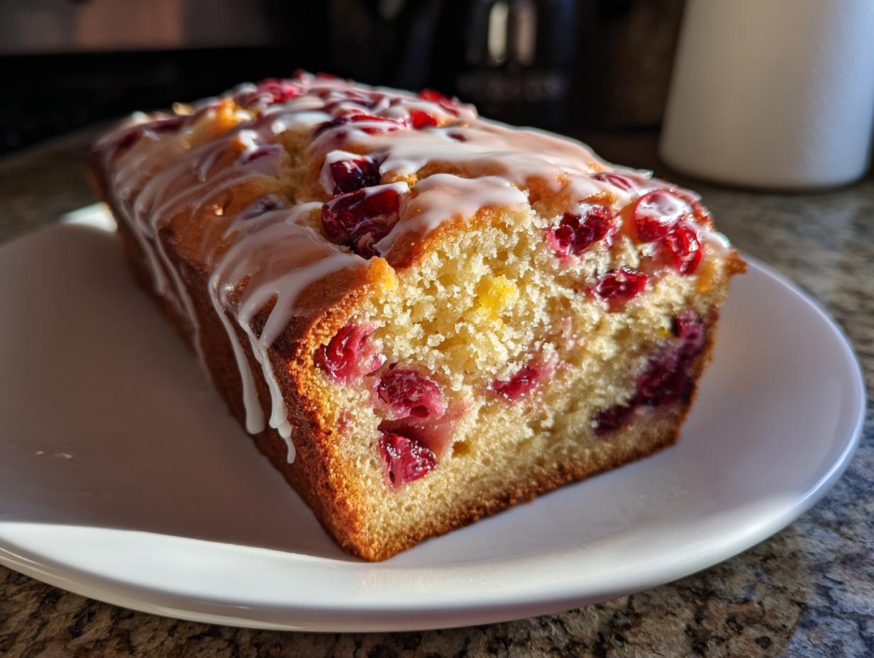 A close-up of a freshly baked cranberry orange bread loaf drizzled with white glaze, sitting on a white plate.