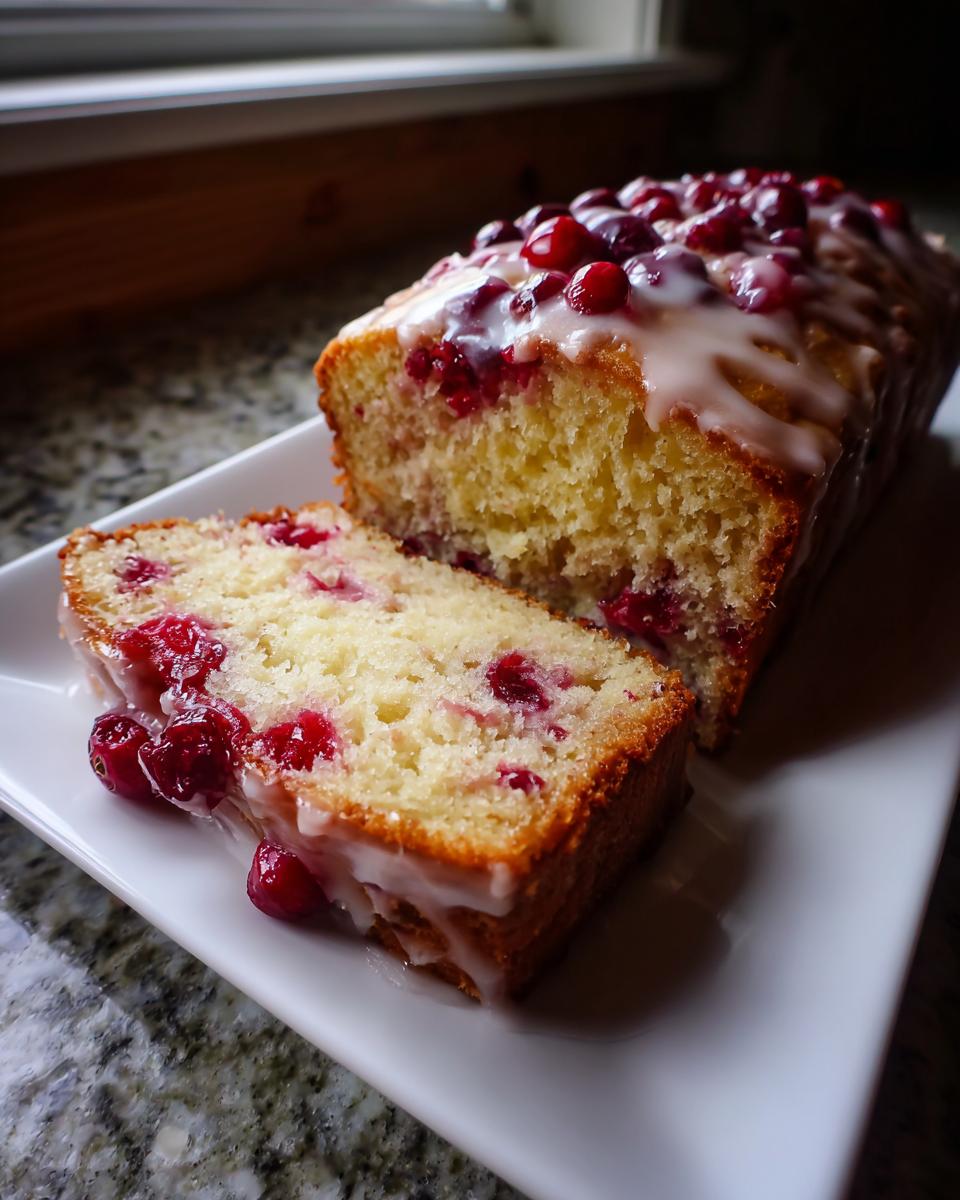 A loaf of moist cranberry orange bread, partially sliced, topped with a white glaze and whole cranberries.