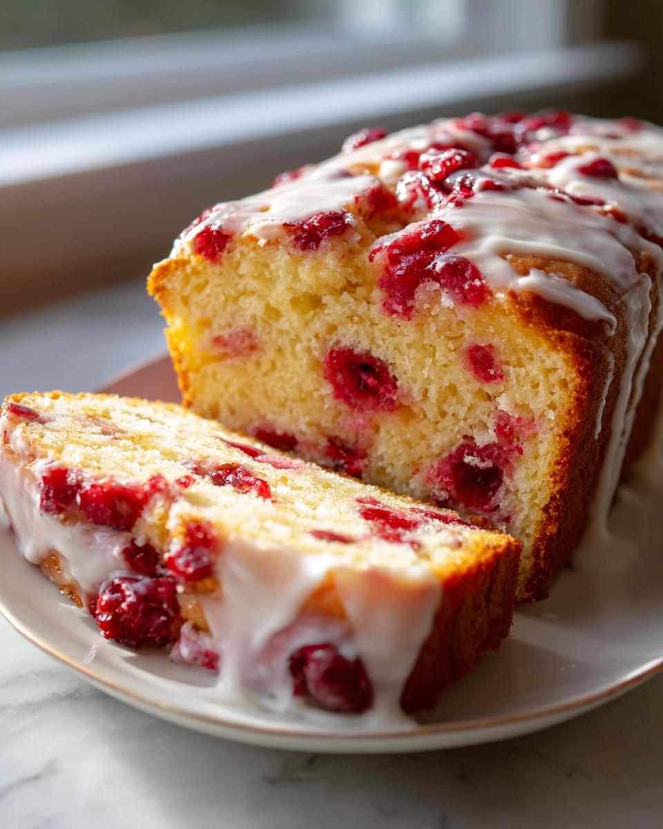 A loaf of moist cranberry orange bread topped with a thick white glaze and whole cranberries, with one slice cut.