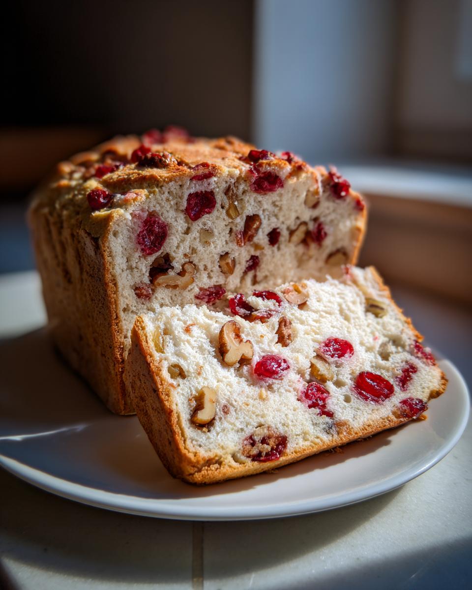 A loaf of freshly baked cranberry walnut bread with one slice cut and leaning against the main loaf on a white plate.