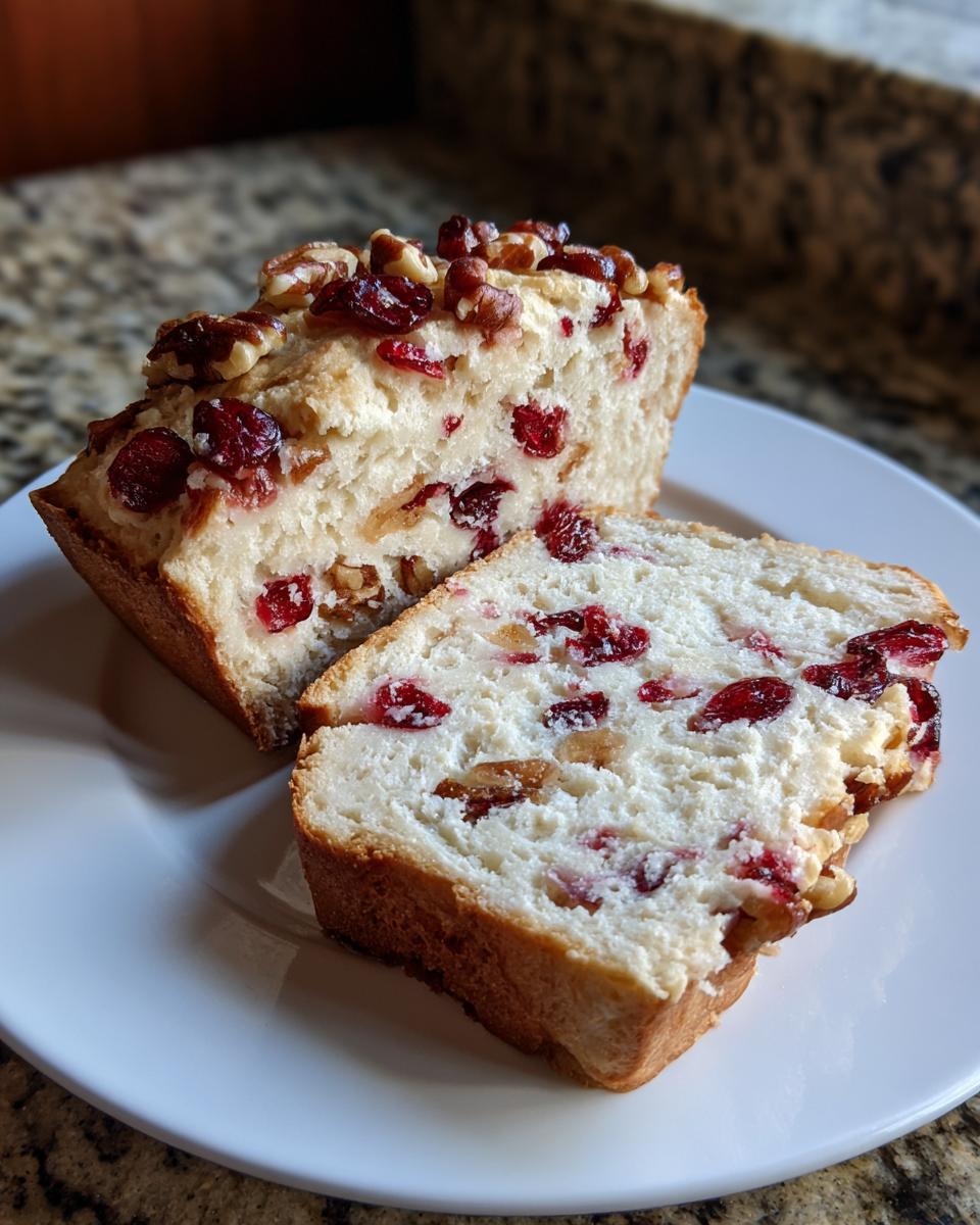 Two slices of homemade cranberry walnut bread showing dried cranberries and walnuts throughout the soft white crumb.