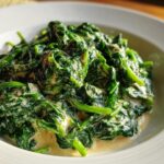 A close-up of vibrant green spinach coated in a rich, creamy sauce, showcasing the delicious creamed spinach recipe.