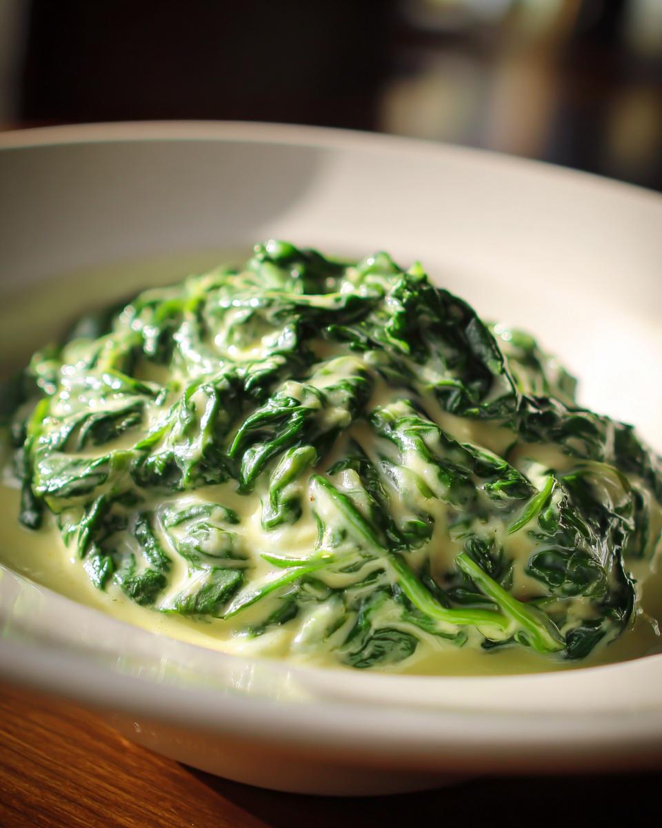 Close-up of vibrant green spinach coated in a rich, creamy sauce from a creamed spinach recipe.