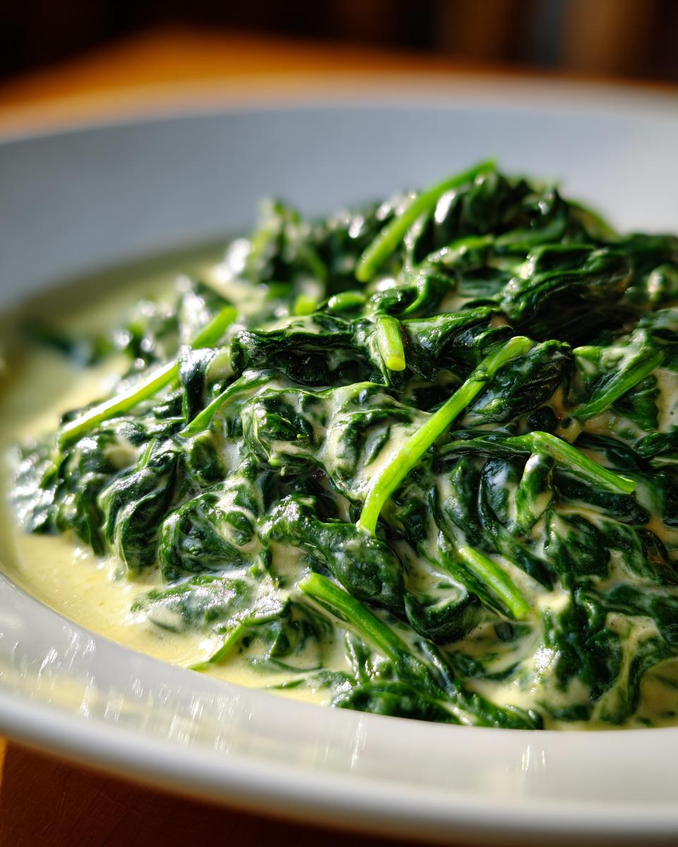 Close-up of vibrant green spinach coated in a rich, creamy sauce, showcasing the perfect creamed spinach recipe.