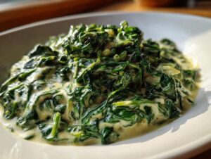 A close-up shot of rich, homemade creamed spinach recipe served in a white bowl under bright light.