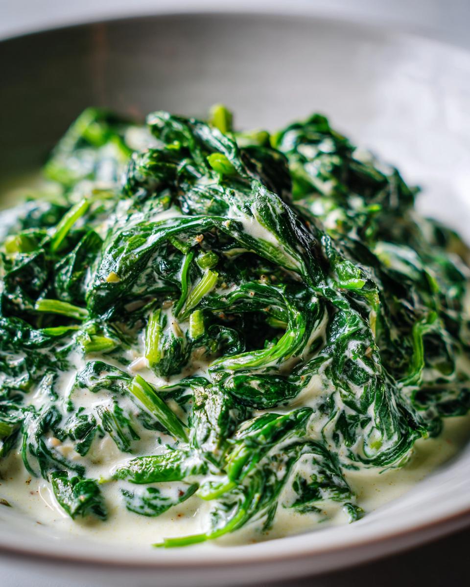 A close-up, appetizing shot of vibrant green spinach coated in a rich, creamy sauce, showcasing the final creamed spinach recipe.