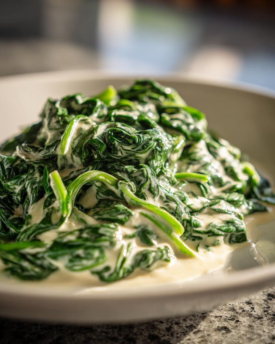 A close-up, appetizing shot of vibrant green spinach coated in a rich white sauce, illustrating the perfect creamed spinach recipe.