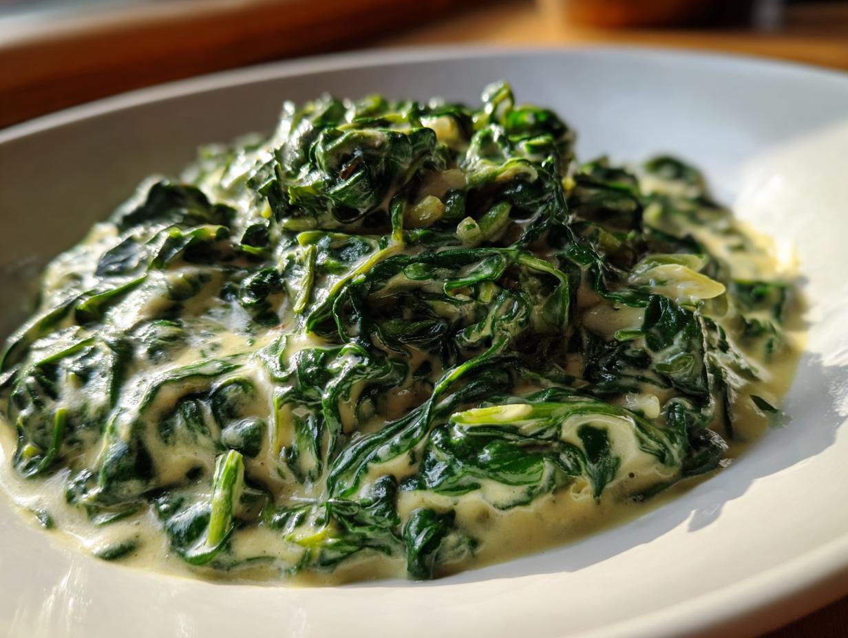 A close-up shot of rich, homemade creamed spinach recipe served in a white bowl under bright light.