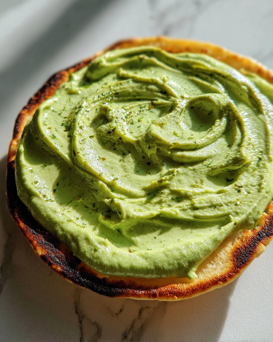 Close-up of thick, bright green avocado sauce spread with swirls on a small piece of toasted bread.