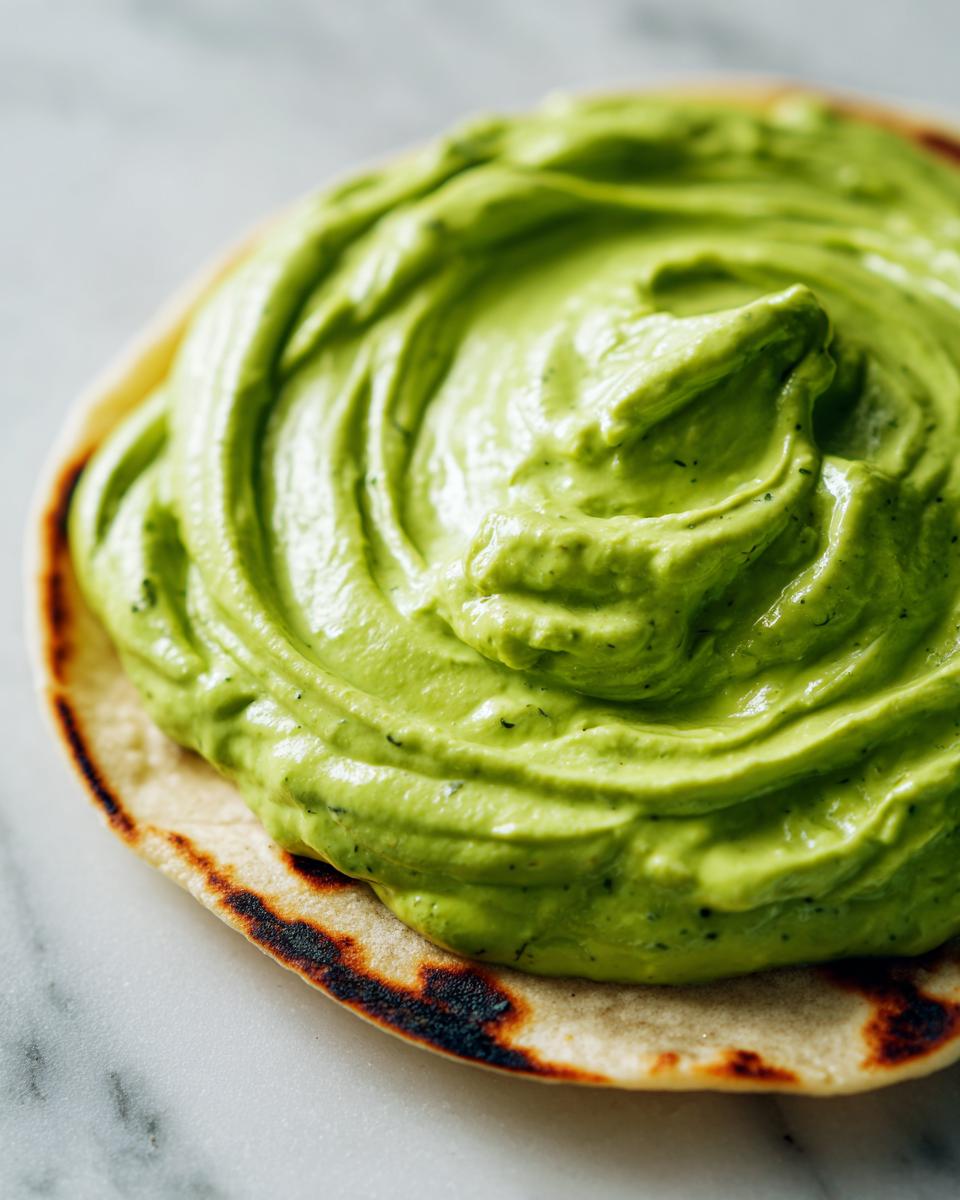 Close-up of vibrant green, creamy avocado sauce swirled thickly onto a small, lightly charred tortilla.