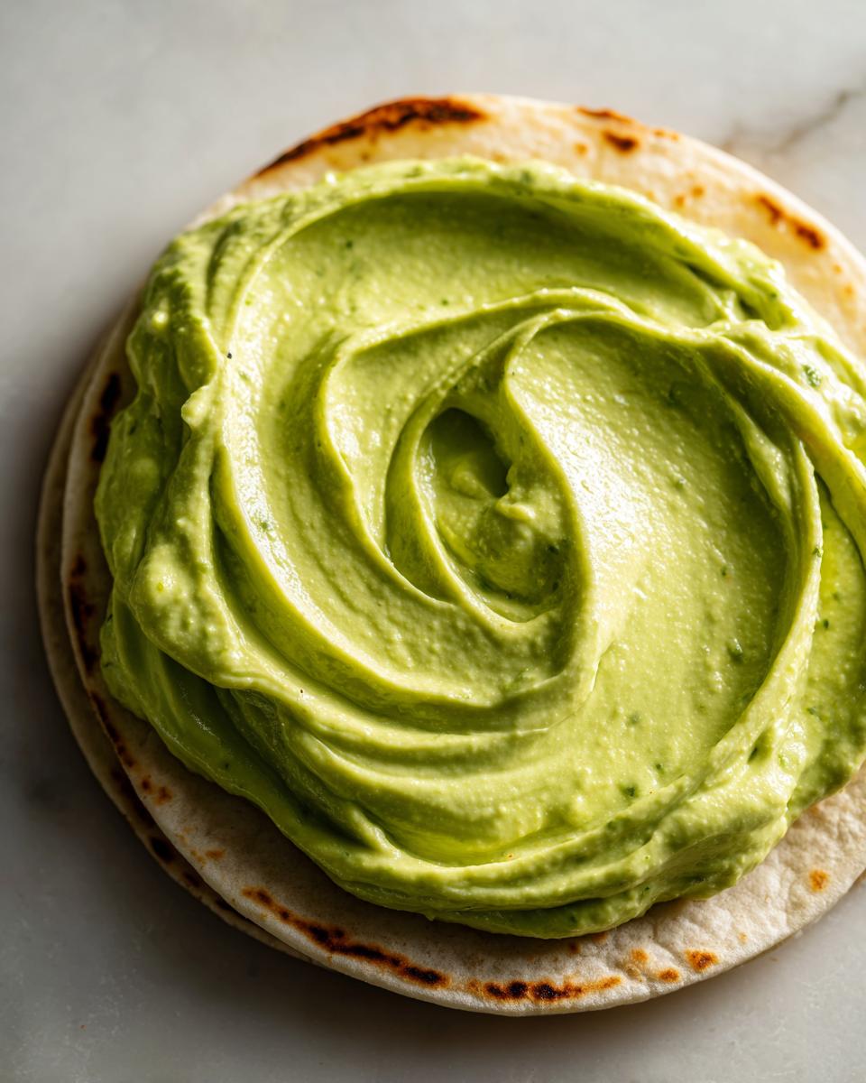 Close-up of a thick, vibrant green avocado sauce swirled onto a small, lightly charred tortilla.