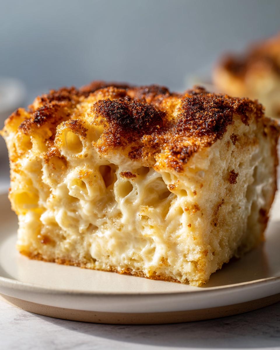 Close-up of a thick slice of baked mac and cheese recipe showing creamy interior and dark, crispy breadcrumb topping.