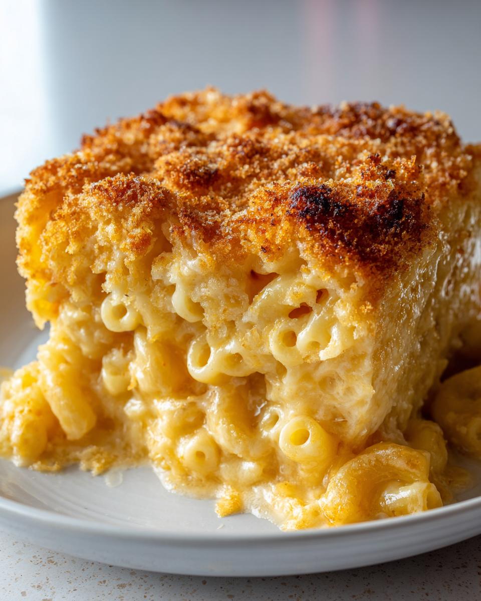 Close-up of a rich, creamy slice of baked mac and cheese recipe with elbow macaroni and a golden brown, crunchy breadcrumb topping.