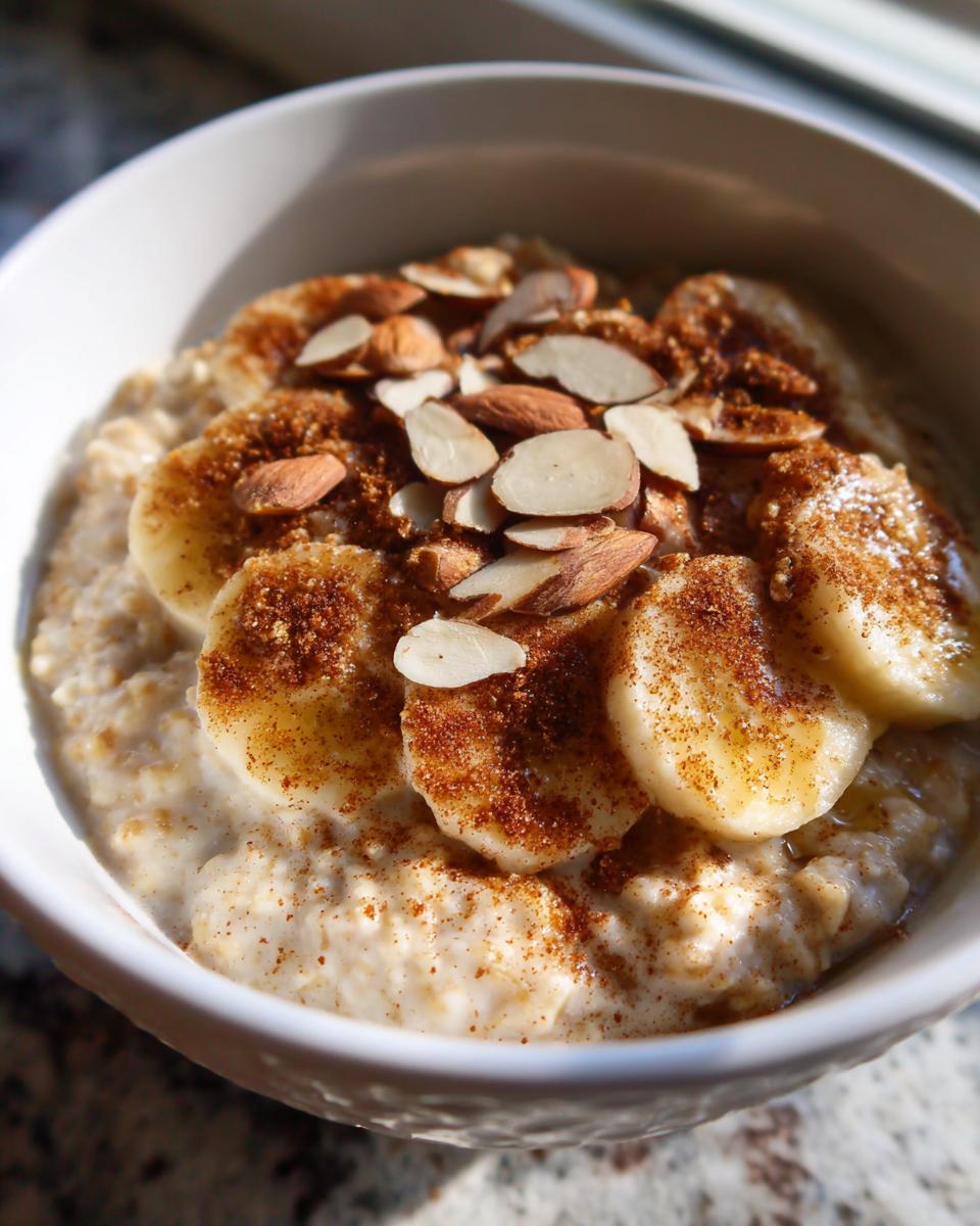 Close-up of creamy banana oatmeal topped with sliced bananas, slivered almonds, and a dusting of cinnamon.