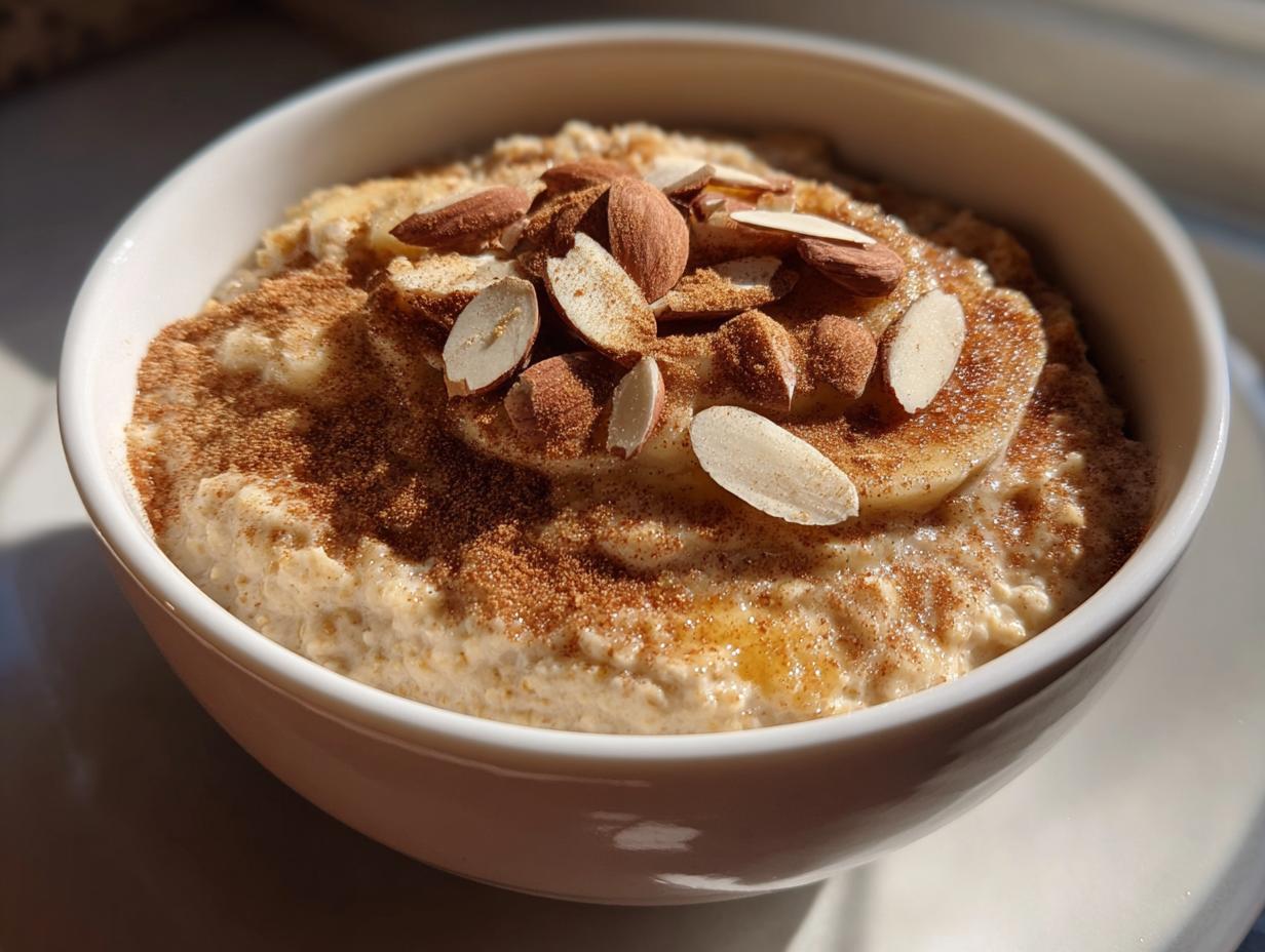 Close-up of creamy banana oatmeal topped with sliced almonds, cinnamon, and a drizzle of honey.