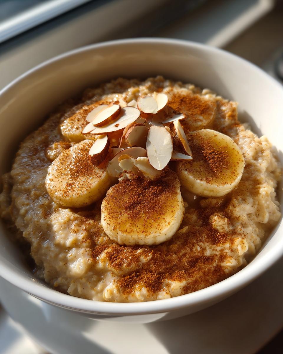 A close-up of creamy banana oatmeal topped with sliced bananas, slivered almonds, and a generous dusting of cinnamon.