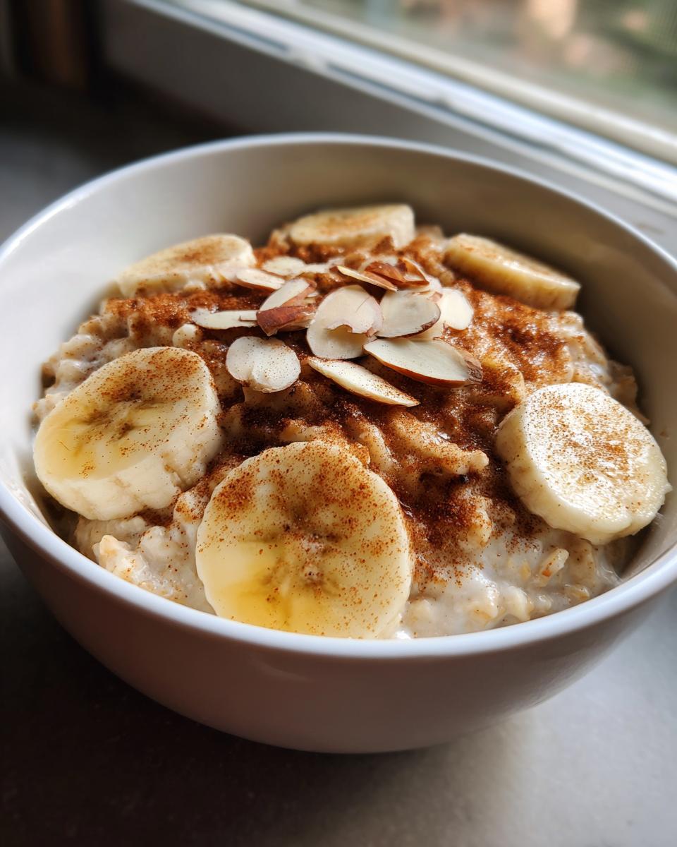 Close-up of creamy banana oatmeal topped with sliced bananas, slivered almonds, and a dusting of cinnamon.
