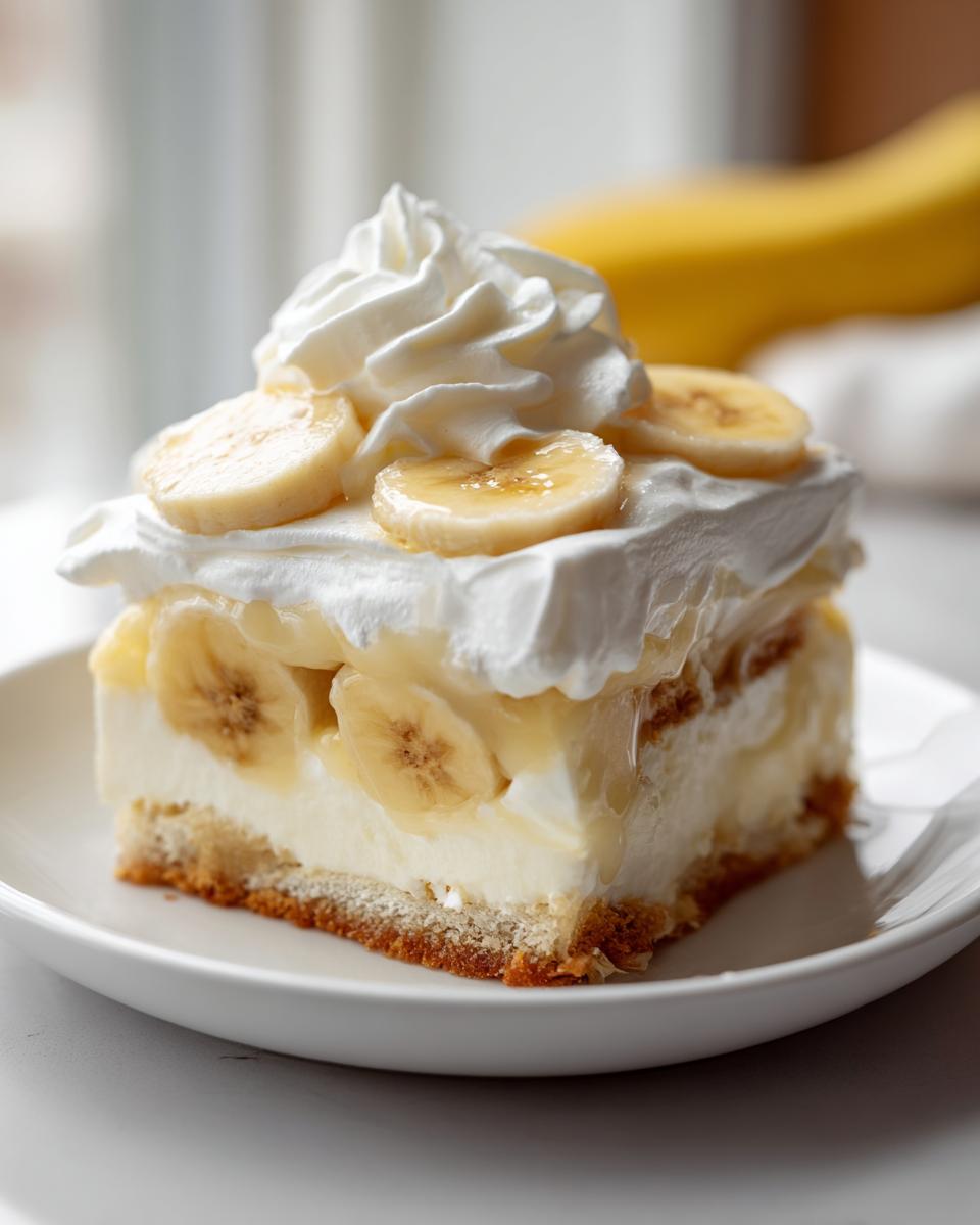 A decadent slice of banana pudding layered with vanilla cream, bananas, and topped with whipped cream and fresh banana slices.