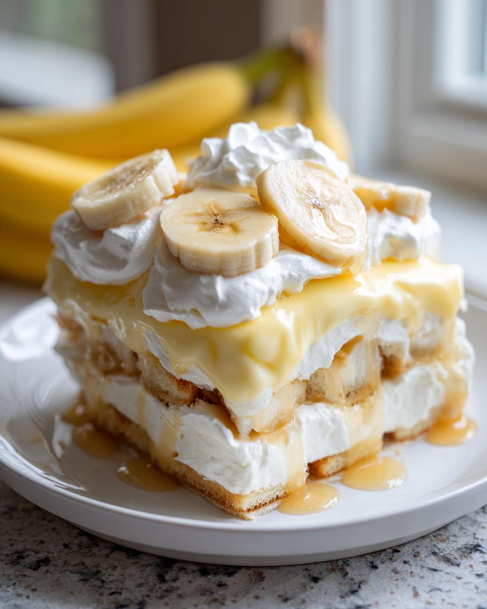 A decadent slice of layered banana pudding topped with whipped cream, vanilla custard, and fresh banana slices.