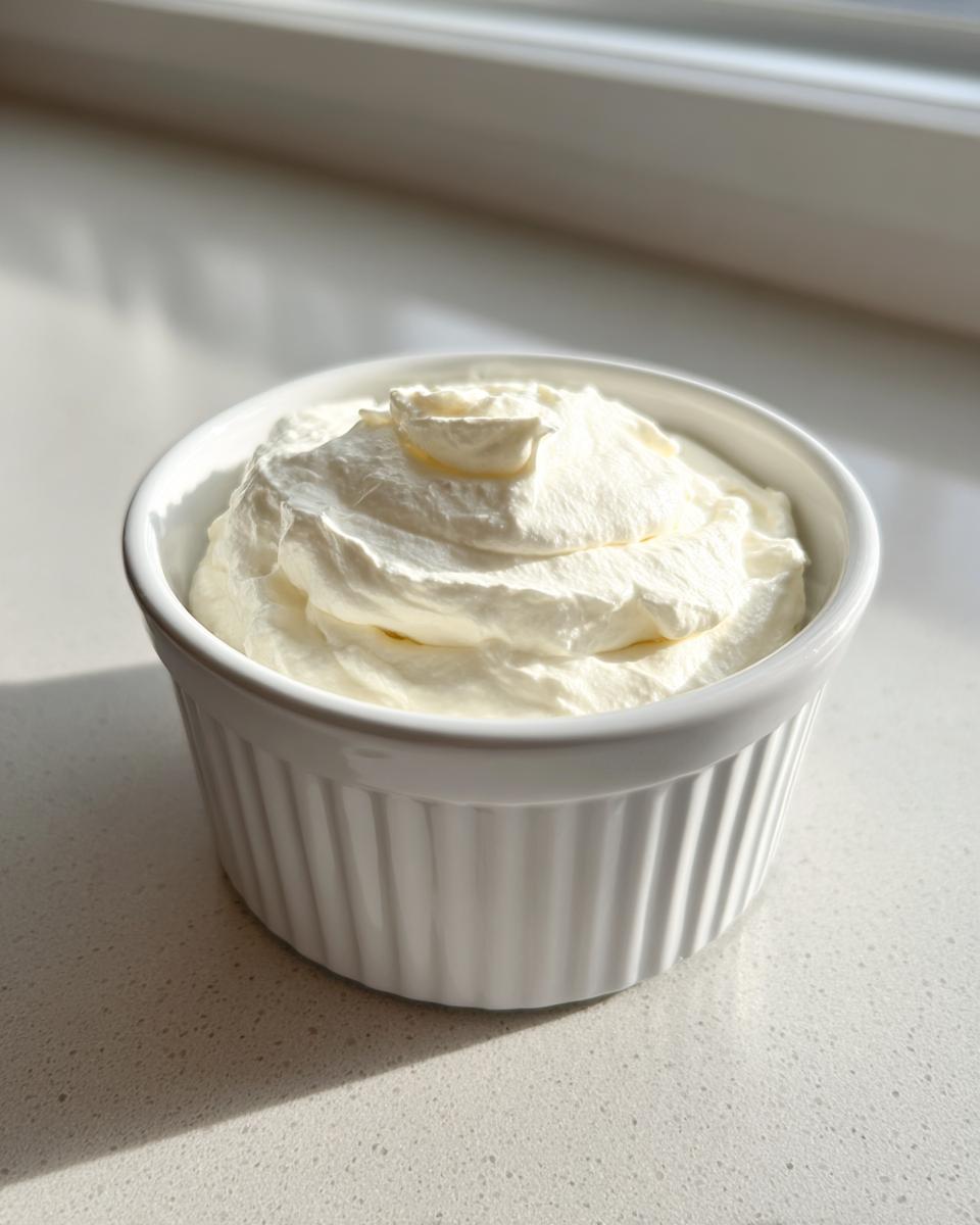 White, fluffy cream mixture, likely the base for horseradish sauce, in a small white ramekin.