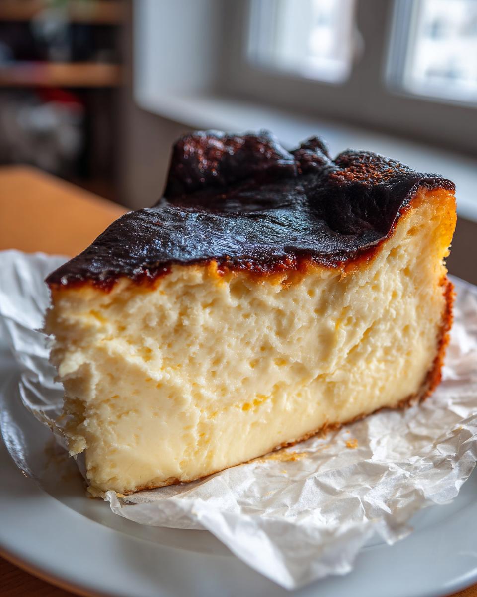 A thick slice of creamy basque cheesecake featuring a signature dark, caramelized top, served on parchment paper.
