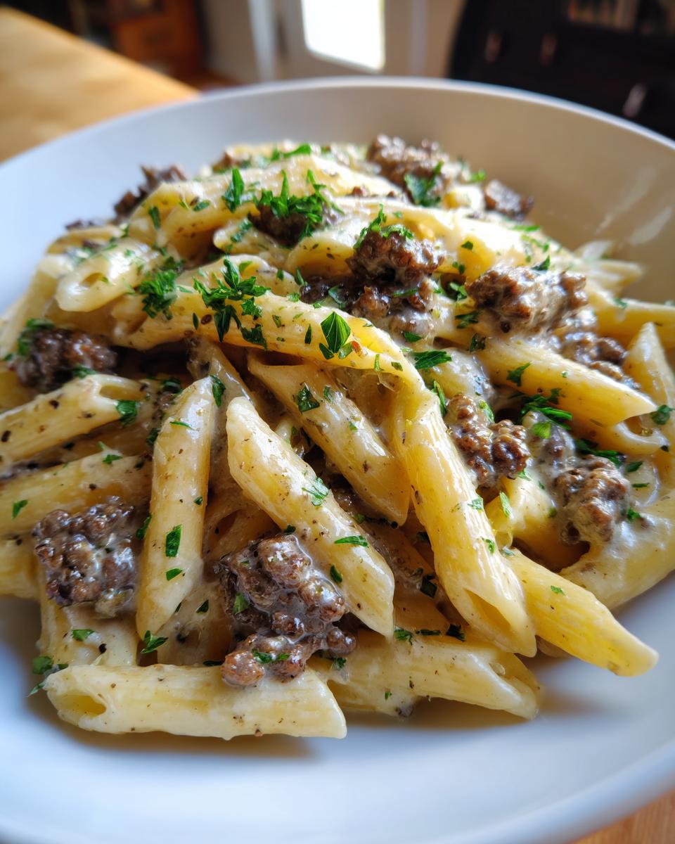A close-up shot of penne pasta coated in a rich, creamy sauce with ground beef crumbles, garnished with fresh parsley, representing creamy beef pasta.