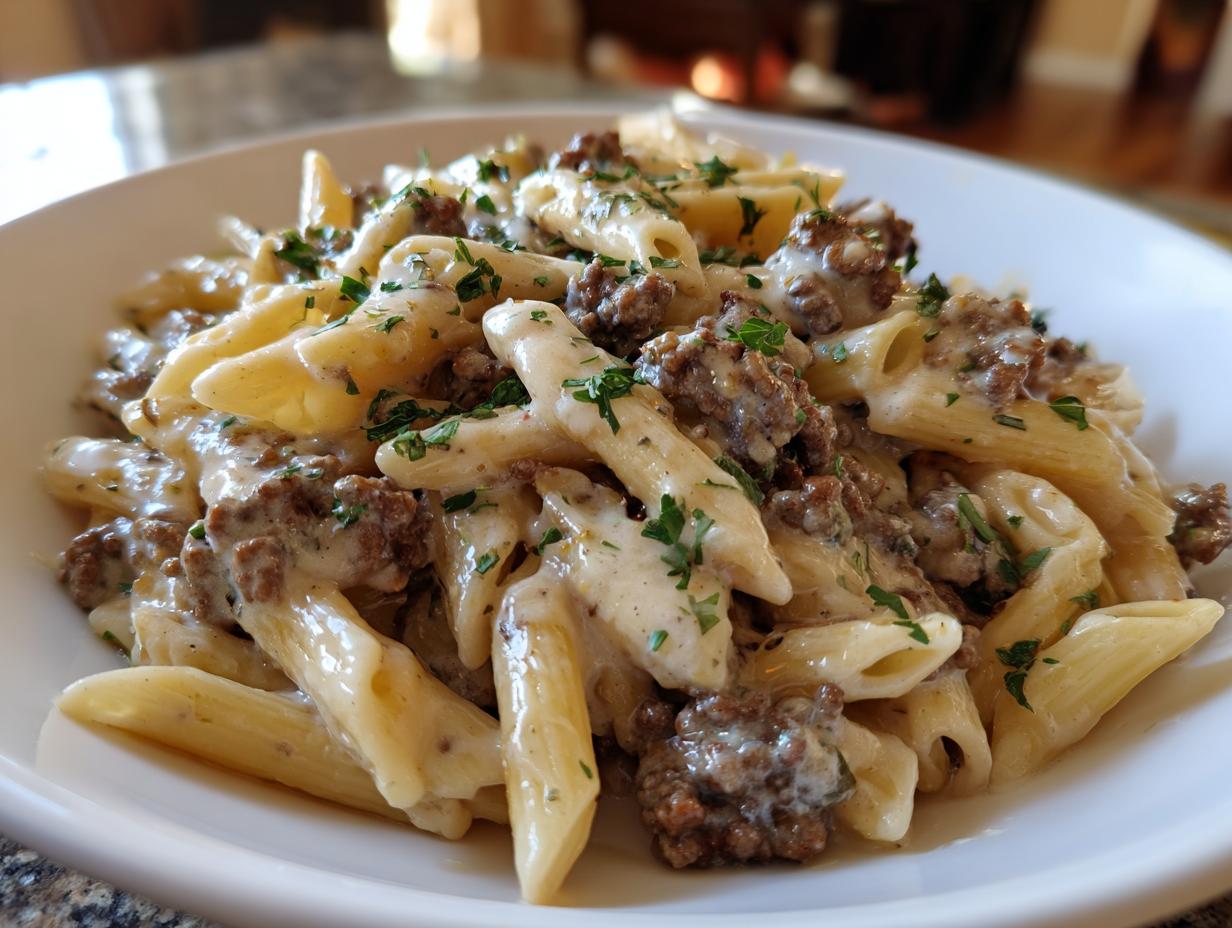 Close-up of a white bowl filled with creamy beef pasta, featuring penne coated in a rich sauce and ground beef, topped with fresh parsley.
