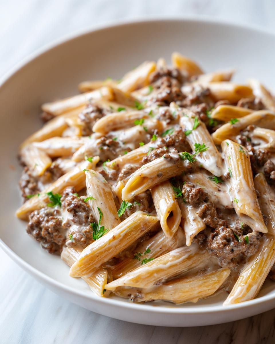 A close-up shot of a white bowl filled with creamy beef pasta featuring penne noodles coated in a rich sauce and ground beef.