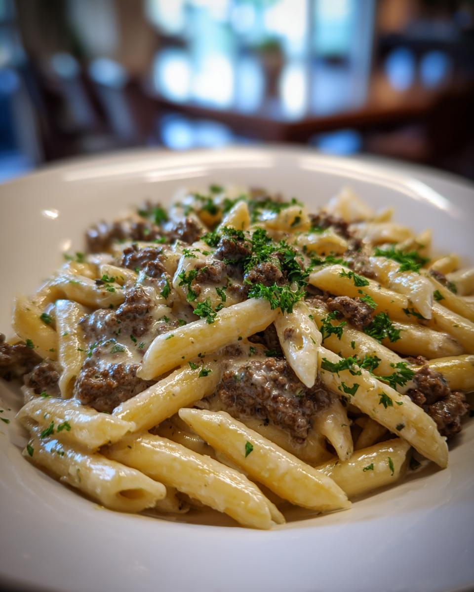 A close-up of a white bowl filled with creamy beef pasta (penne) topped with ground beef and fresh chopped parsley.