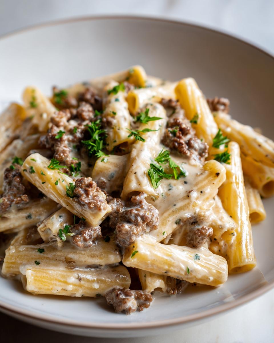 A close-up shot of rigatoni pasta coated in a rich, creamy sauce with ground beef, garnished with fresh parsley, showcasing the creamy beef pasta.