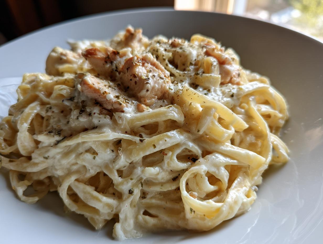 Close-up of creamy chicken fettuccine alfredo pasta topped with herbs, served in a white bowl.